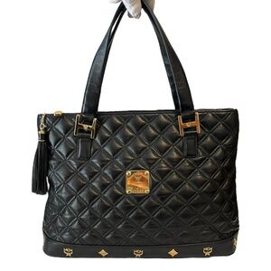 MCM Black Quilted Tote Bag with Gold Accents